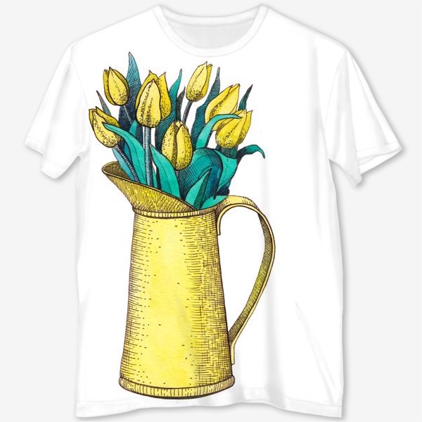 Футболка с полной запечаткой «Букет тюльпанов в вазе. Весна. Желтый»