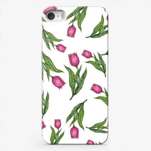 Чехол iPhone «Розовые тюльпаны на белом фоне»