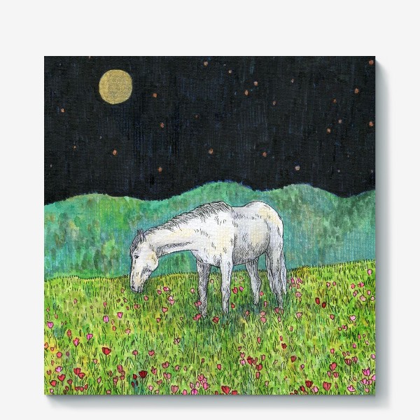 Холст «Белая лошадь пасется в поле»