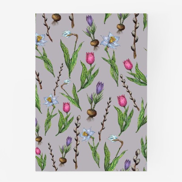 Постер «Весенние цветы нарциссы, тюльпаны, крокусы и верба»