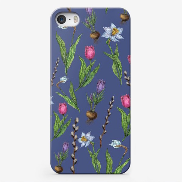Чехол iPhone «Паттерн с весенними цветами на синем фоне»
