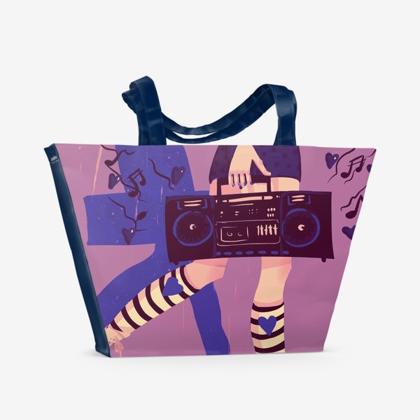 Пляжная сумка «Девушка с магнитофоном. Любовь. Неон »