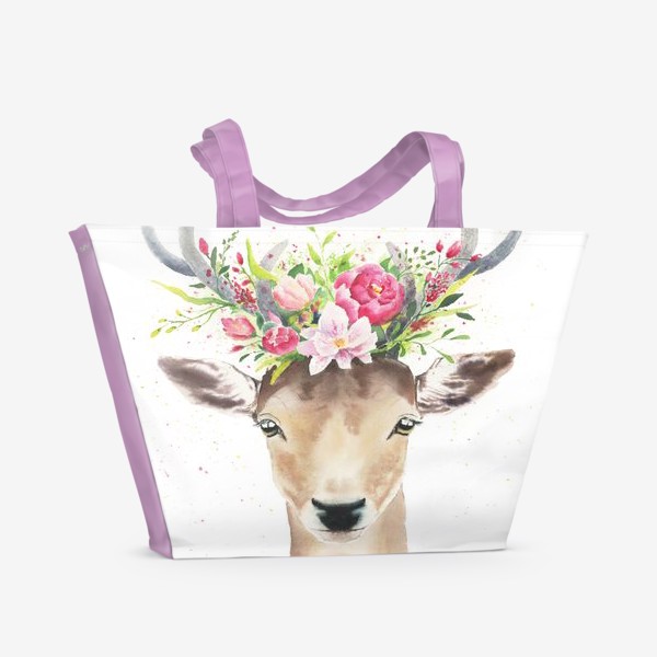 Пляжная сумка «Олень с весенними цветами, акварель»