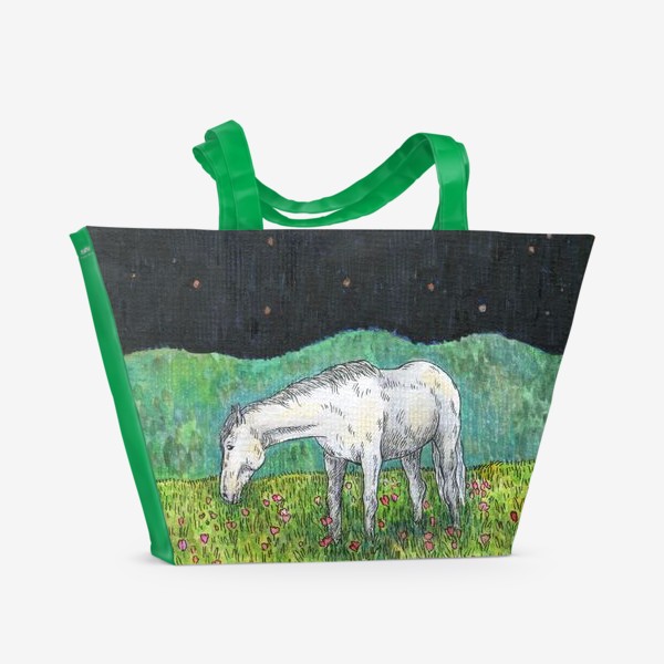 Пляжная сумка «Белая лошадь пасется в поле»