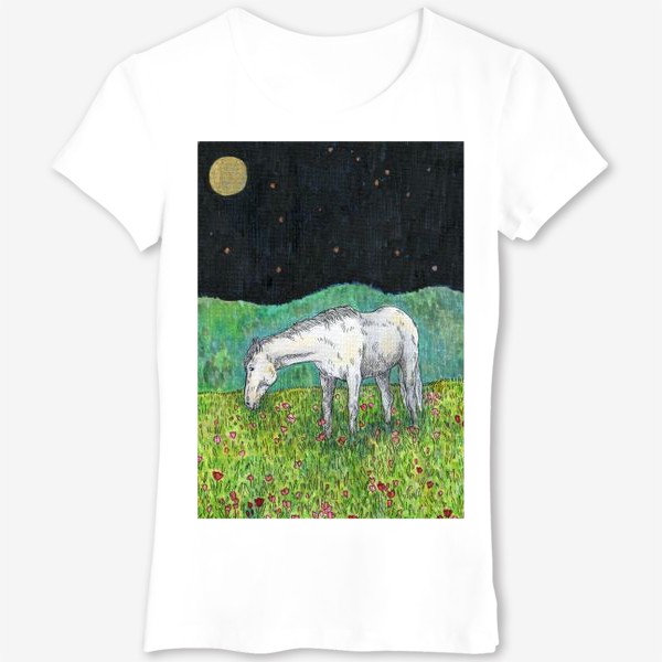 Футболка «Белая лошадь пасется в поле»