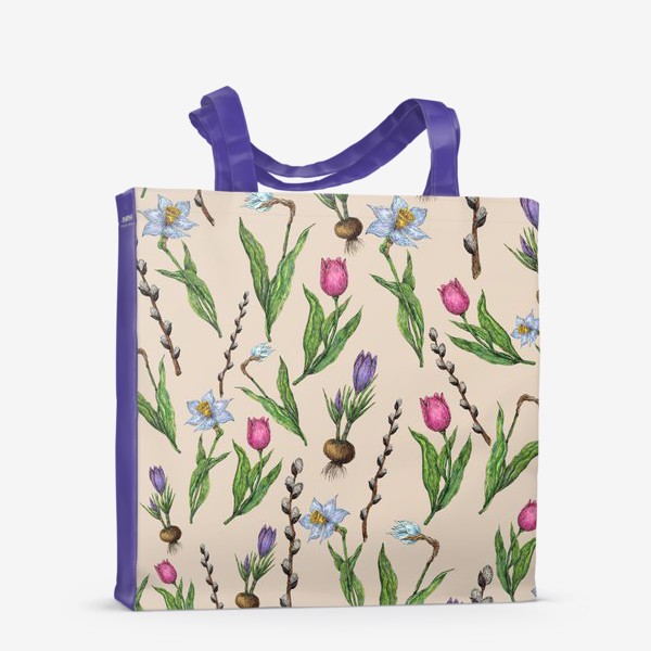 Сумка-шоппер «Узор с весенними цветами на бежевом фоне»