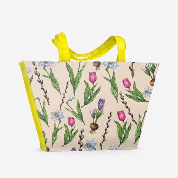 Пляжная сумка «Узор с весенними цветами на бежевом фоне»
