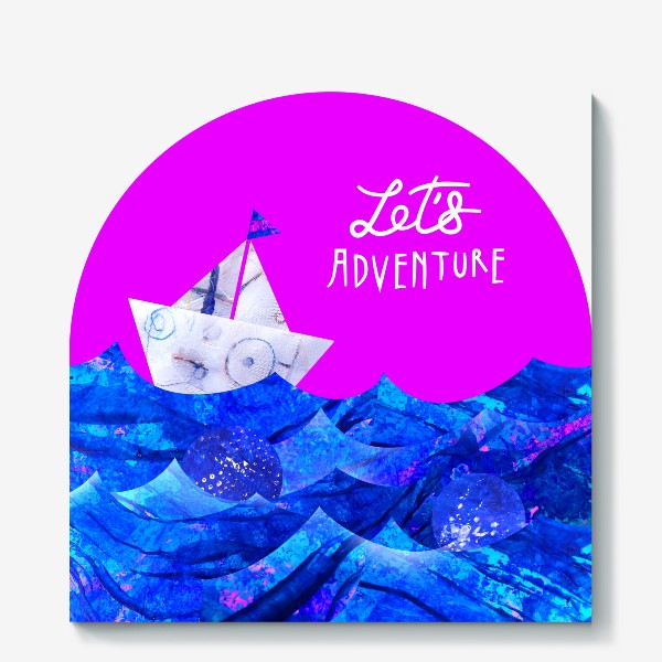 Холст «"Поприключаемся!" Let`s Adventure! Море, лодка, изумительный яркий розовый фон: авторская живопись.»