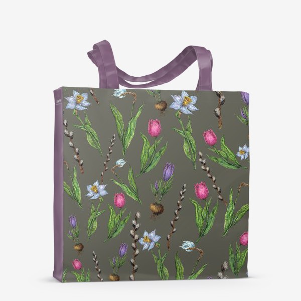 Сумка-шоппер «Узор с весенними цветами на фоне хаки»