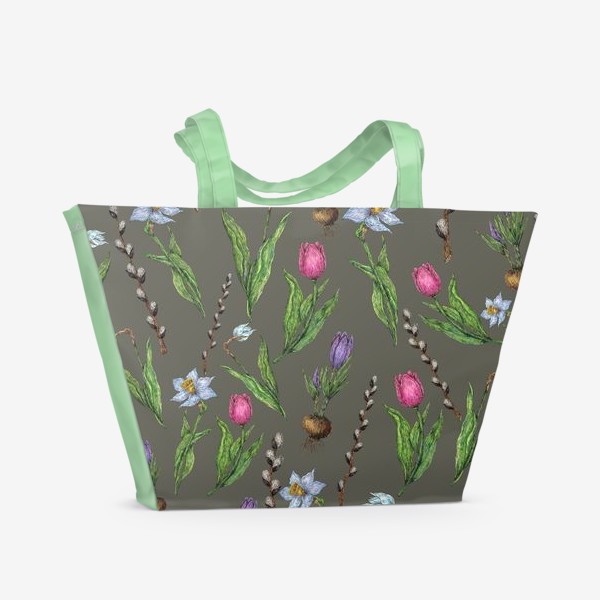 Пляжная сумка «Узор с весенними цветами на фоне хаки»