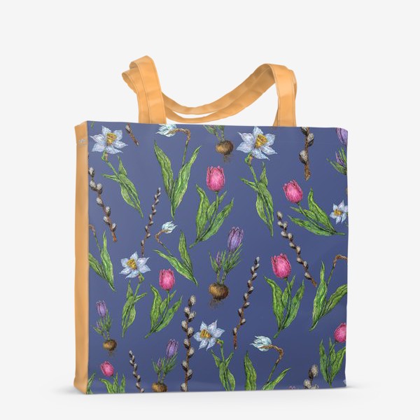 Сумка-шоппер «Паттерн с весенними цветами на синем фоне»