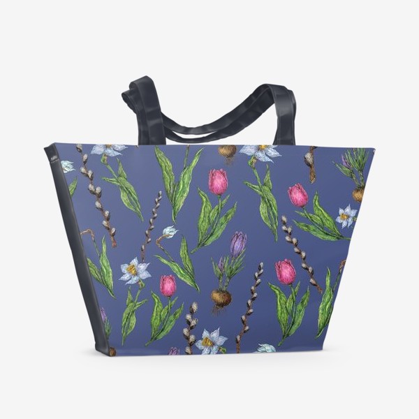 Пляжная сумка «Паттерн с весенними цветами на синем фоне»