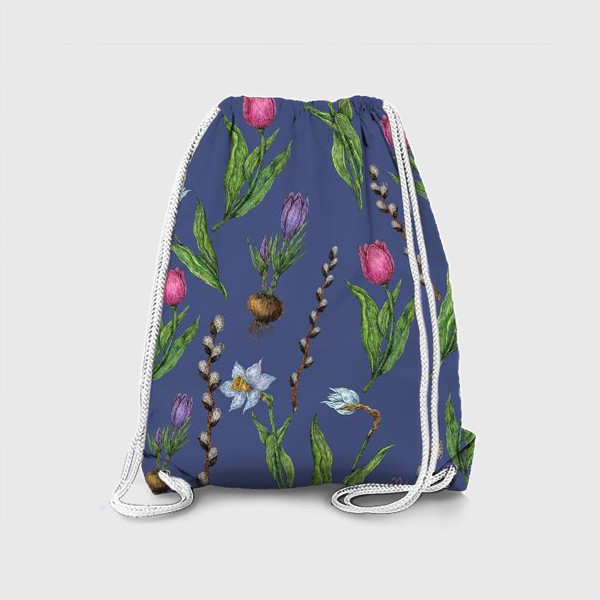 Рюкзак «Паттерн с весенними цветами на синем фоне»