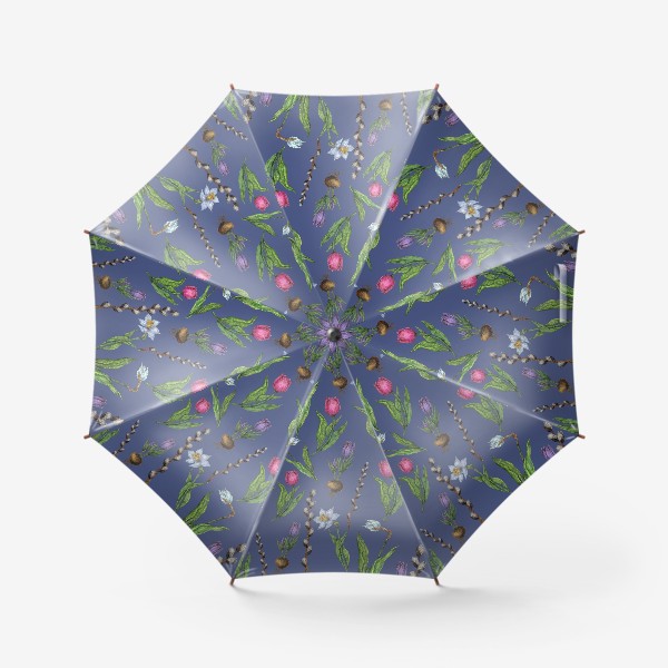 Зонт «Паттерн с весенними цветами на синем фоне»