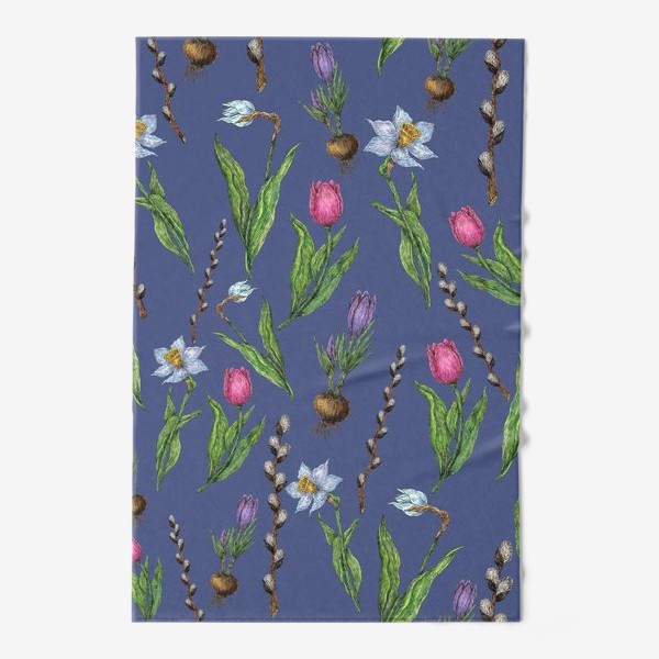 Полотенце «Паттерн с весенними цветами на синем фоне»