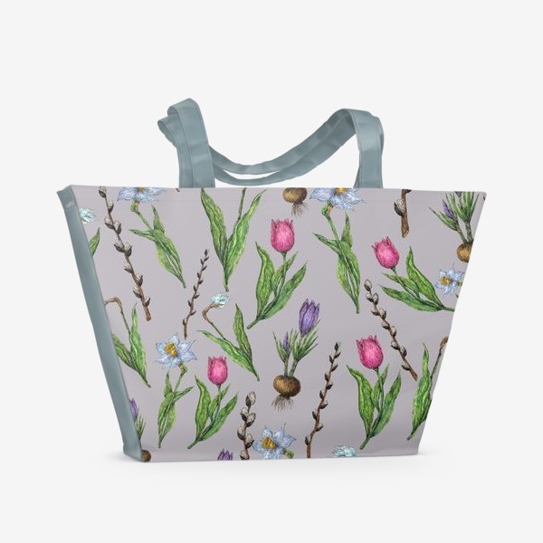 Пляжная сумка «Весенние цветы нарциссы, тюльпаны, крокусы и верба»
