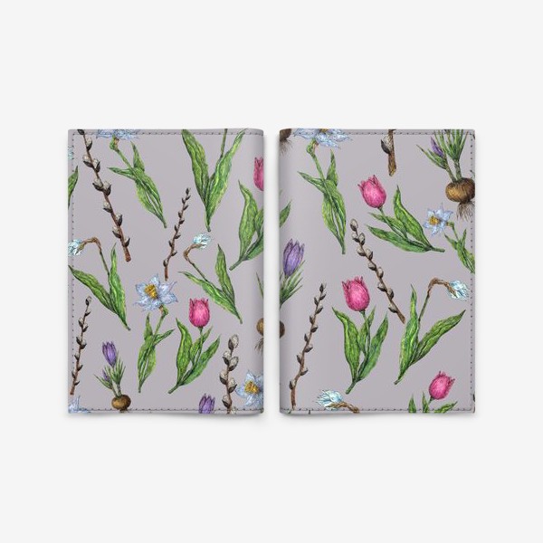 Обложка для паспорта «Весенние цветы нарциссы, тюльпаны, крокусы и верба»