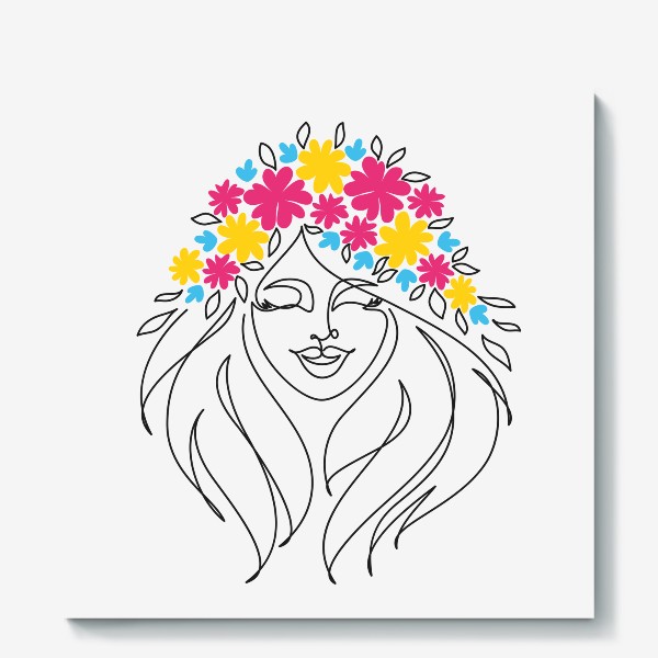 Холст «Девушка-весна. Стильный графический абстрактный портрет двушки с цветочным венком на голове.»