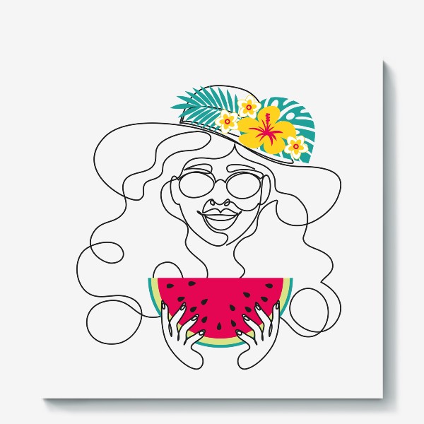 Холст «Девушка-лето. Графический абстрактный портрет девушки в шляпе с тропическими цветами, очках, с арбузом в руках»