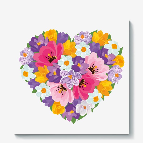 Холст «Цветочное сердце из весенних цветов тюльпанов, крокусов, нарциссов»