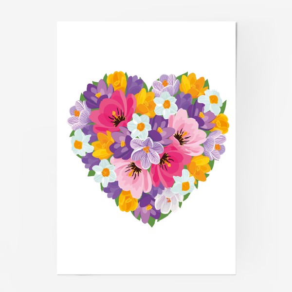 Постер «Цветочное сердце из весенних цветов тюльпанов, крокусов, нарциссов»