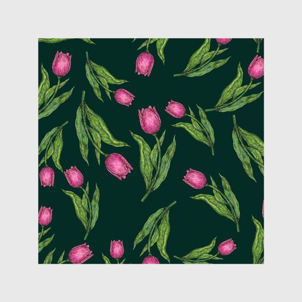Шторы &laquo;Розовые цветы тюльпаны на темно-зеленом фоне&raquo;