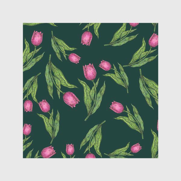 Скатерть &laquo;Розовые цветы тюльпаны на темно-зеленом фоне&raquo;
