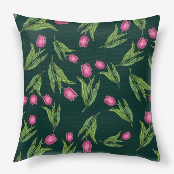Подушка &laquo;Розовые цветы тюльпаны на темно-зеленом фоне&raquo;