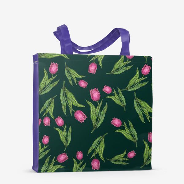 Сумка-шоппер «Розовые цветы тюльпаны на темно-зеленом фоне»