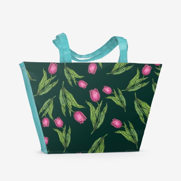 Пляжная сумка &laquo;Розовые цветы тюльпаны на темно-зеленом фоне&raquo;