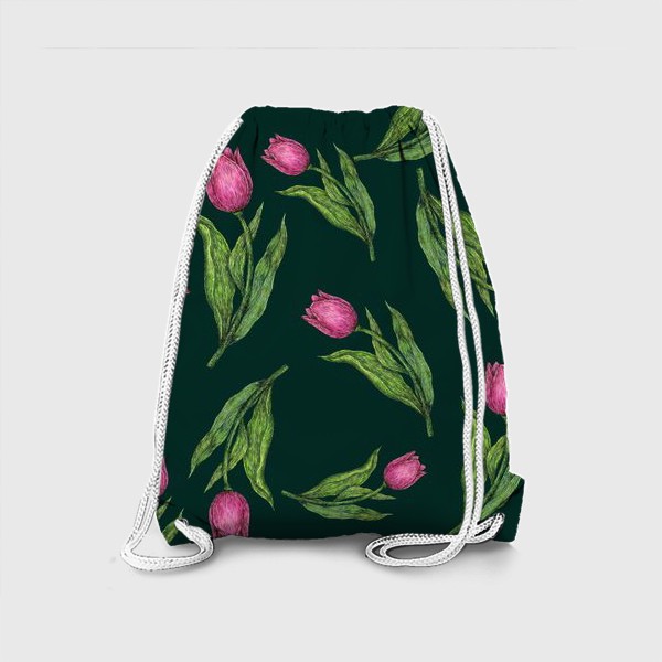 Рюкзак &laquo;Розовые цветы тюльпаны на темно-зеленом фоне&raquo;