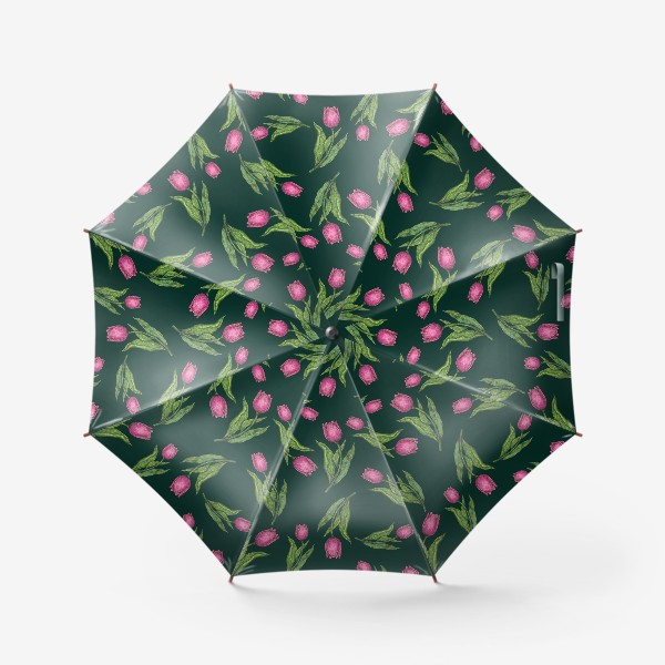 Зонт «Розовые цветы тюльпаны на темно-зеленом фоне»