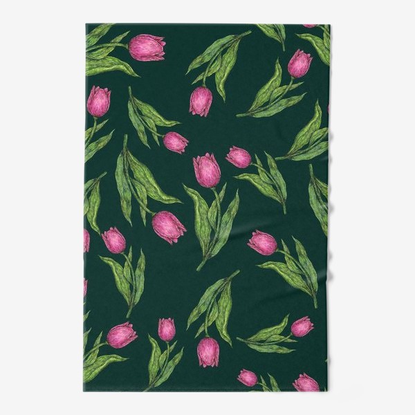 Полотенце «Розовые цветы тюльпаны на темно-зеленом фоне»