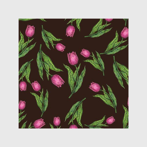 Шторы &laquo;Паттерн с цветами розовыми тюльпанами на коричневом фоне&raquo;