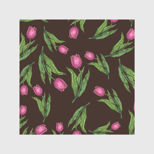 Скатерть &laquo;Паттерн с цветами розовыми тюльпанами на коричневом фоне&raquo;
