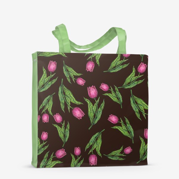 Сумка-шоппер &laquo;Паттерн с цветами розовыми тюльпанами на коричневом фоне&raquo;