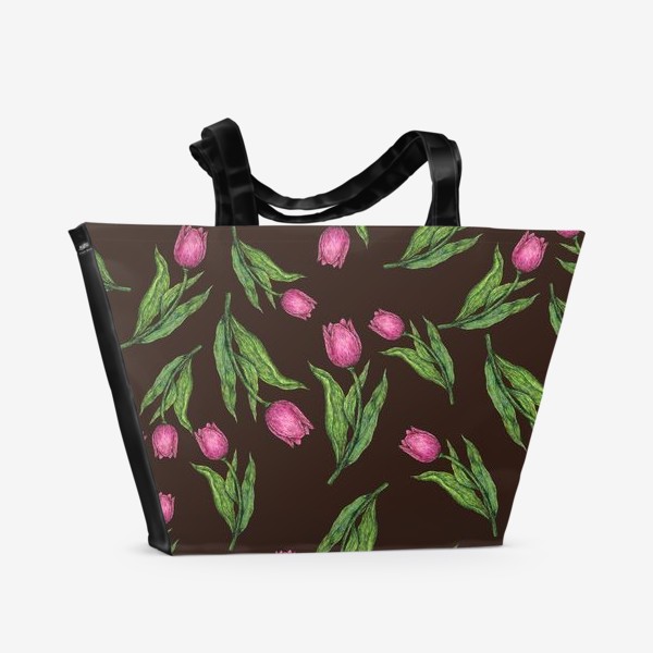 Пляжная сумка &laquo;Паттерн с цветами розовыми тюльпанами на коричневом фоне&raquo;