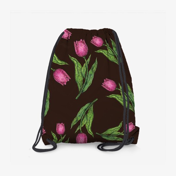 Рюкзак «Паттерн с цветами розовыми тюльпанами на коричневом фоне»