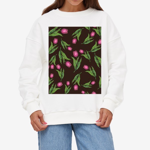 Свитшот «Паттерн с цветами розовыми тюльпанами на коричневом фоне»