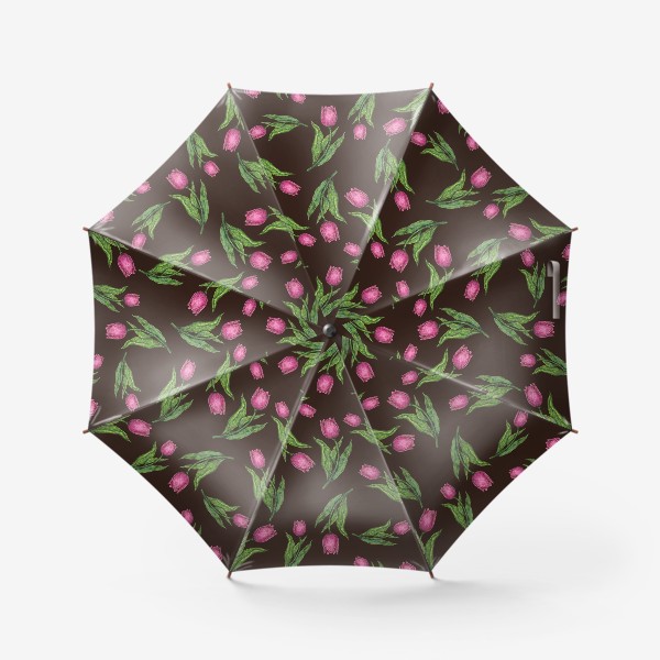 Зонт &laquo;Паттерн с цветами розовыми тюльпанами на коричневом фоне&raquo;