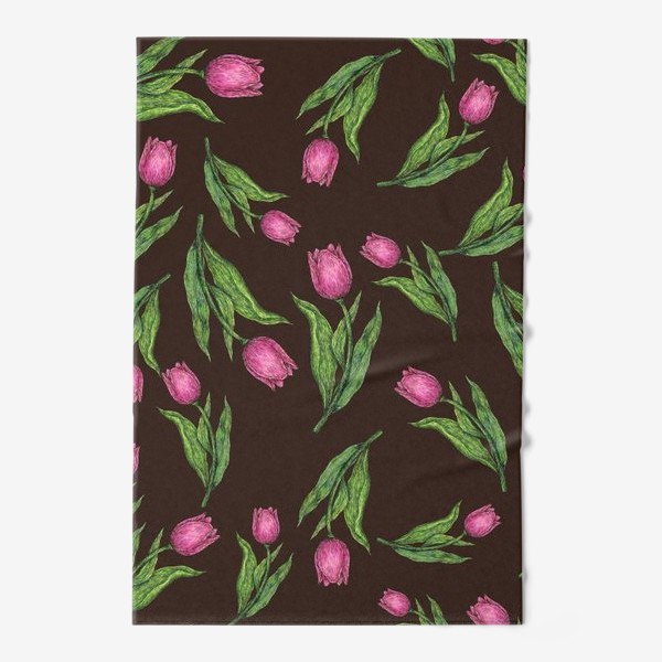 Полотенце &laquo;Паттерн с цветами розовыми тюльпанами на коричневом фоне&raquo;