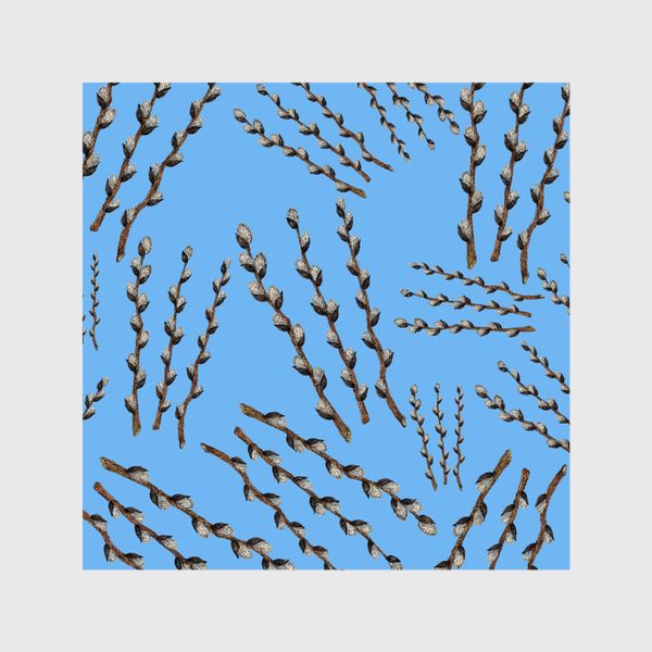 Шторы «Пасха - узор с веточками вербы на голубом фоне»