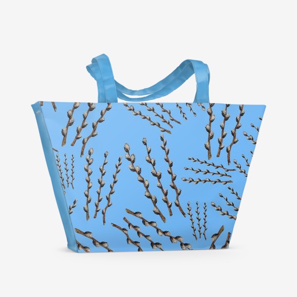 Пляжная сумка «Пасха - узор с веточками вербы на голубом фоне»