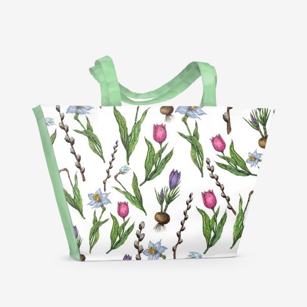 Пляжная сумка &laquo;Узор с цветами нарциссами, крокусами, тюльпанами и вербой&raquo;