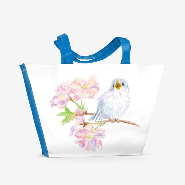 Пляжная сумка «Птенец синицы на ветке яблони цветы»