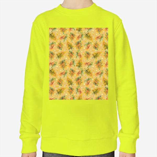 Свитшот «Мимоза акварелью на желтом фоне, весенние цветы, 8 марта»