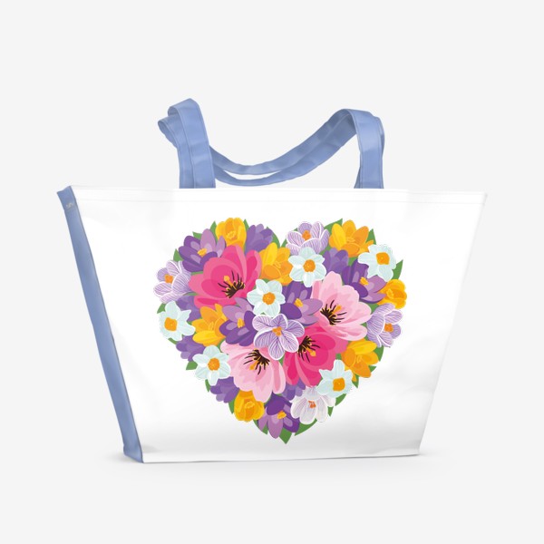 Пляжная сумка «Цветочное сердце из весенних цветов тюльпанов, крокусов, нарциссов»