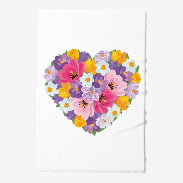 Полотенце &laquo;Цветочное сердце из весенних цветов тюльпанов, крокусов, нарциссов&raquo;