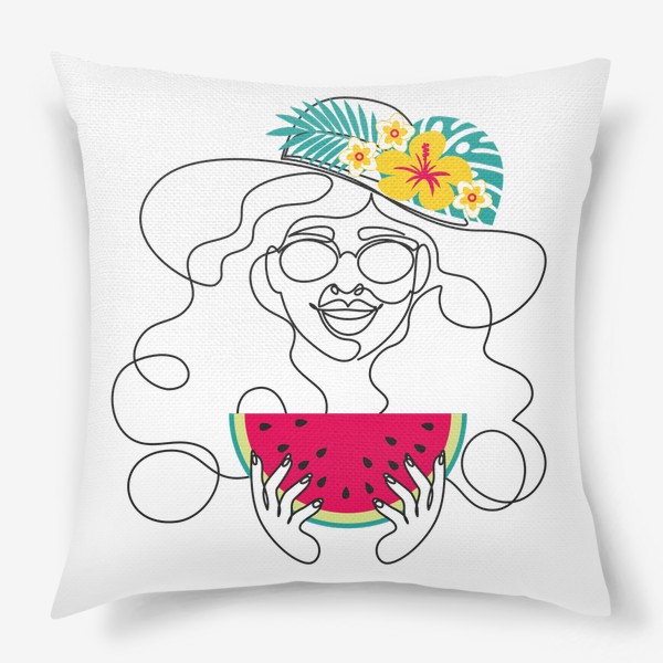 Подушка «Девушка-лето. Графический абстрактный портрет девушки в шляпе с тропическими цветами, очках, с арбузом в руках»