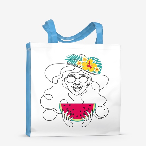 Сумка-шоппер &laquo;Девушка-лето. Графический абстрактный портрет девушки в шляпе с тропическими цветами, очках, с арбузом в руках&raquo;